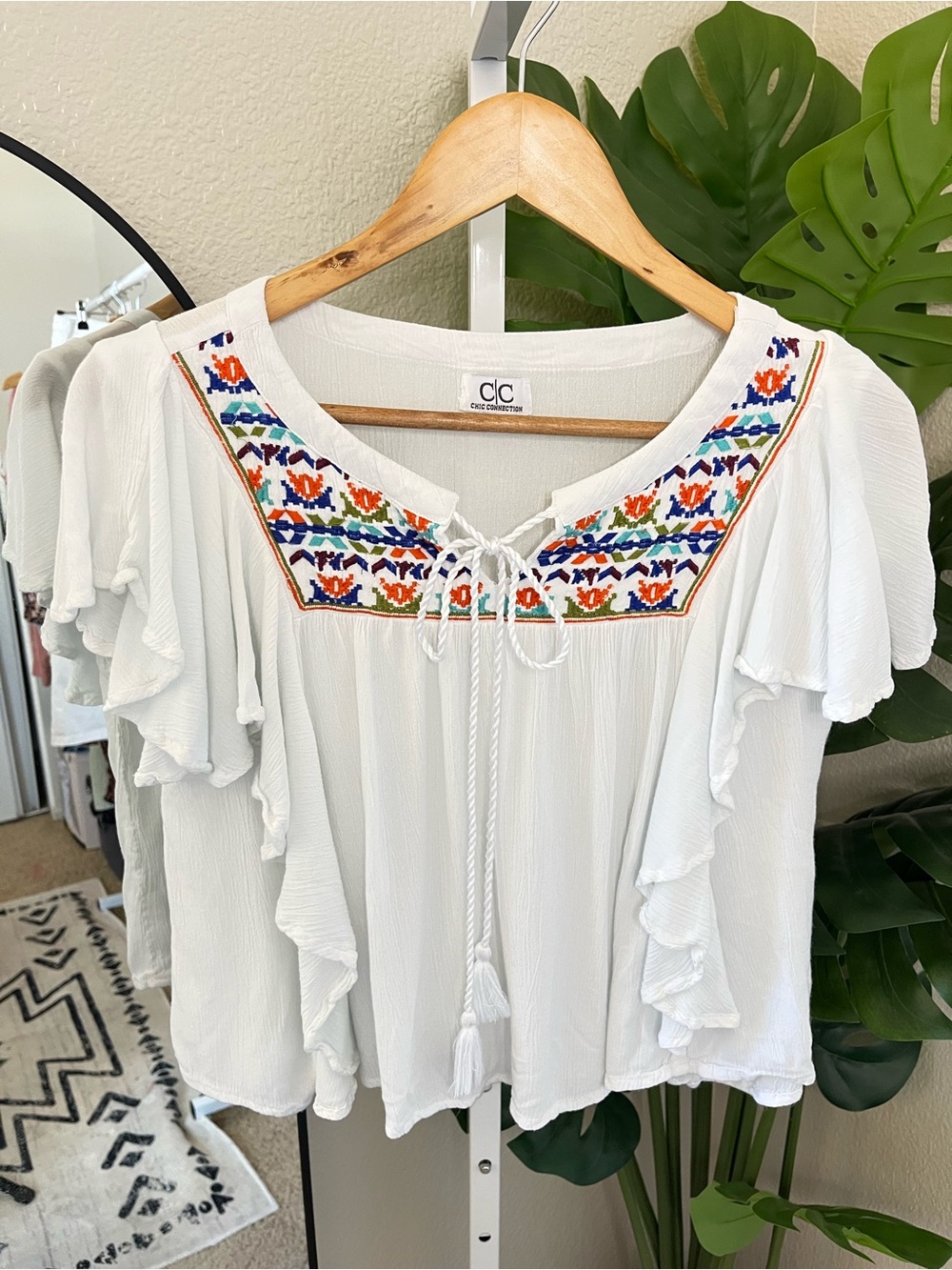 White Boho Embroidered Ruffle Blouse